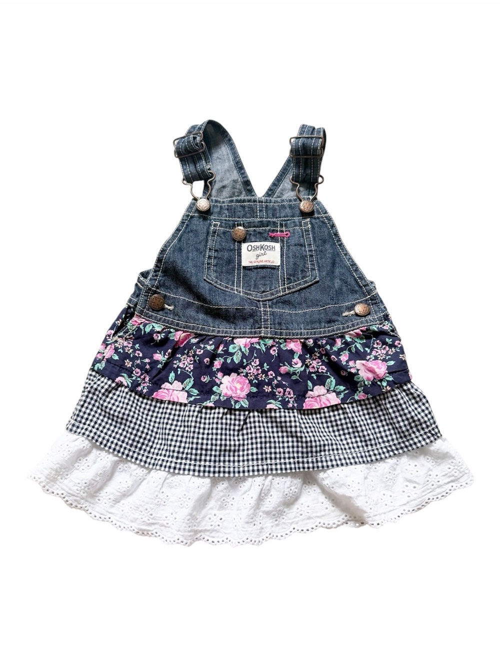OshKosh B'gosh Denim Floral & Gingham Tiered Dress Lace Ruffle 24 months Cotton